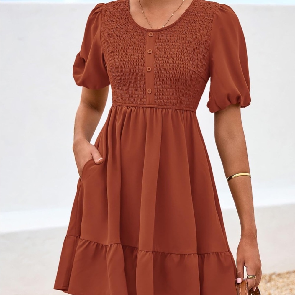 Elegant Brown Puff Sleeve Dress